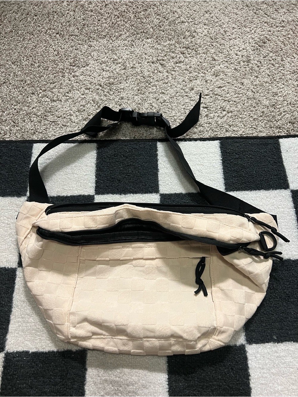 Oversized Cream Checkerboard Fanny Pack Waist Bag